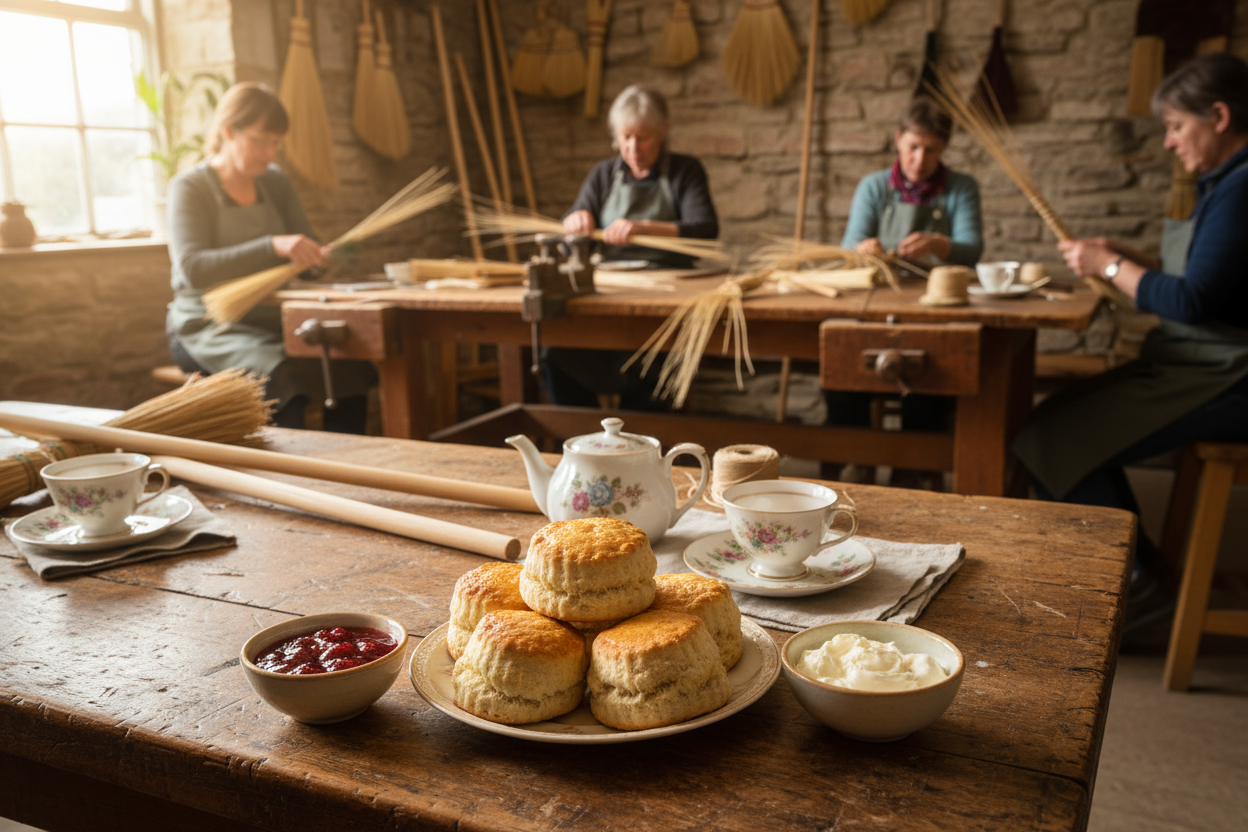 scones with clotted cream and jam with broom making classes